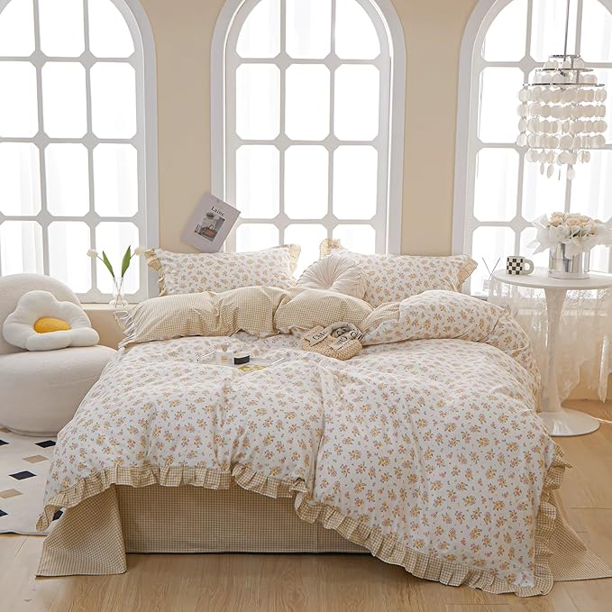 HighBuy Ruffle Lace Comforter Set Queen Coquette Cottagecore Floral Bedding Comforter Set with 2 Lace Ruffles Pillowcases Cozy Soft Shabby Chic Yellow Pink Flower Bedding Comforters for Women Girls