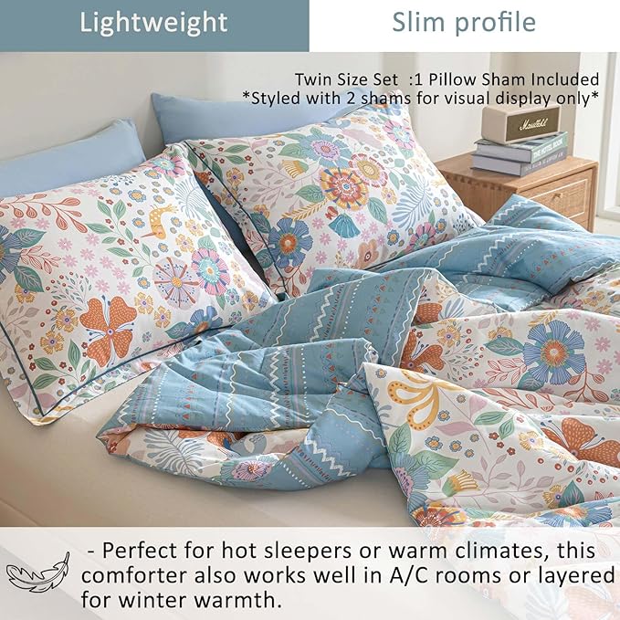 Blue Floral Cotton Comforter Twin Size - Vibrant Artistic Blooms & Boho Geometric Patterns, White & Soft Blue, 2PC Lightweight Bedding Sets with Down Alternative Fill(68"×90")