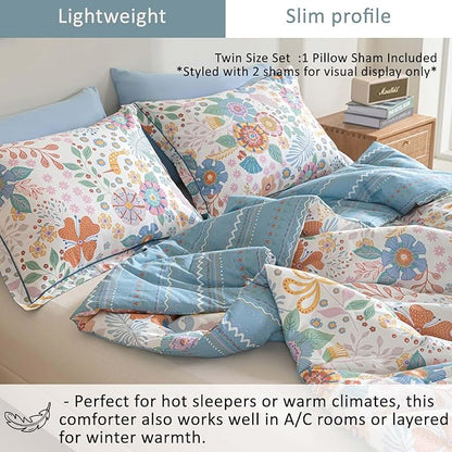 Blue Floral Cotton Comforter Twin Size - Vibrant Artistic Blooms & Boho Geometric Patterns, White & Soft Blue, 2PC Lightweight Bedding Sets with Down Alternative Fill(68"×90")