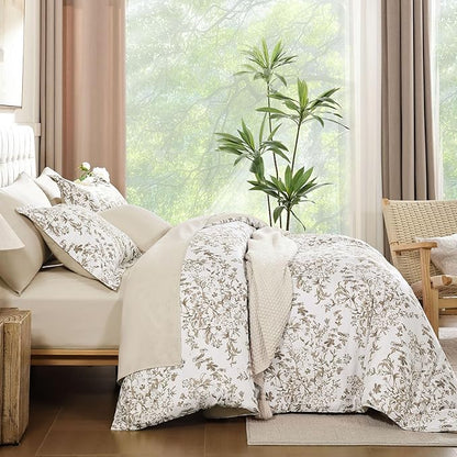 WONGS BEDDING Comforter Set King Size, 8 Pieces Brown Floral Botanical Comforter Sets, Bed in a Bag Soft Lightweight Microfiber Bedding Sets for All Seasons (90"x104")