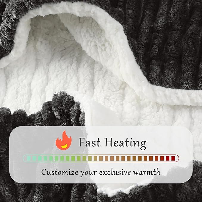 Electric Blanket Heated Twin Blanket, Super Soft Flannel & Sherpa Electric Twin Blanket with 6 Fast Heating Levels, 10 Hours Auto Off & OverHeat Protection, Machine Washable, 62'' X 84'', Dark Gray