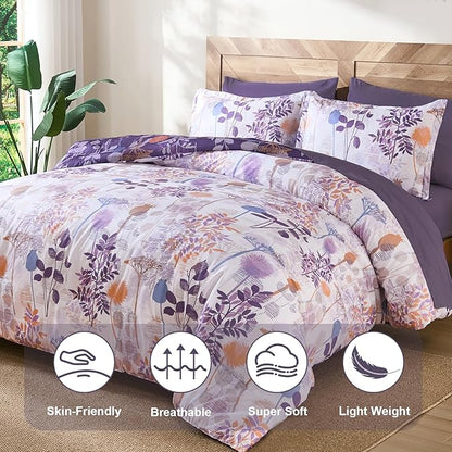 Anibedding 7Pieces King Size Comforter Set, Purple Botanical Bed in a Bag Complete Set with Sheet Pillowcase for Bedroom All Season