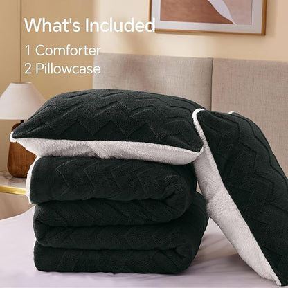 BEDELITE Fluffy Twin Comforter Set - Super Soft Sherpa Black Comforter for Twin Size Bed, Luxury Warm Bedding Set for Winter, Fuzzy Bed Set 2 Piece (1 Comforter, 1 Pillowcase)