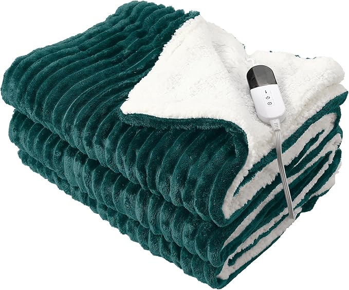 Electric Blanket Heated Twin Blanket, Super Soft Flannel & Sherpa Electric Twin Blanket with 6 Fast Heating Levels, 10 Hours Auto Off & OverHeat Protection, Machine Washable, 62'' X 84'', Deep Green