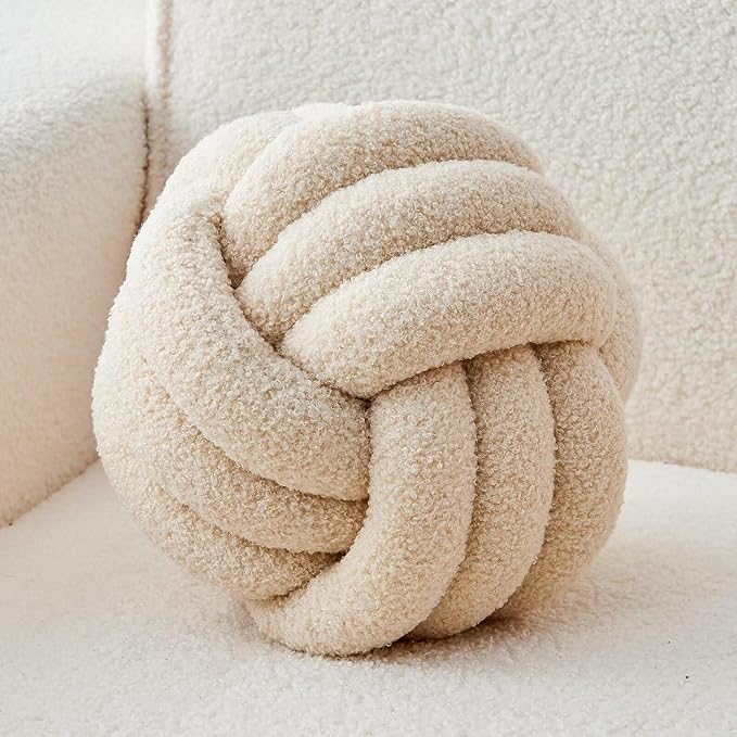 Decorative Throw Knot Pillow Ball for Home Chair Sofa Couch Bed Aesthetic Round Decor Pillows Lambswool Knotted Pillow Cushion (Beige, 11 inches)