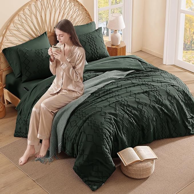 King Size Comforter Set Dark Green, Tufted Boho Bedding Farmhouse Bed Set, All Season 7 Pieces Bed in a Bag with Sheets, Pillowcases & Shams
