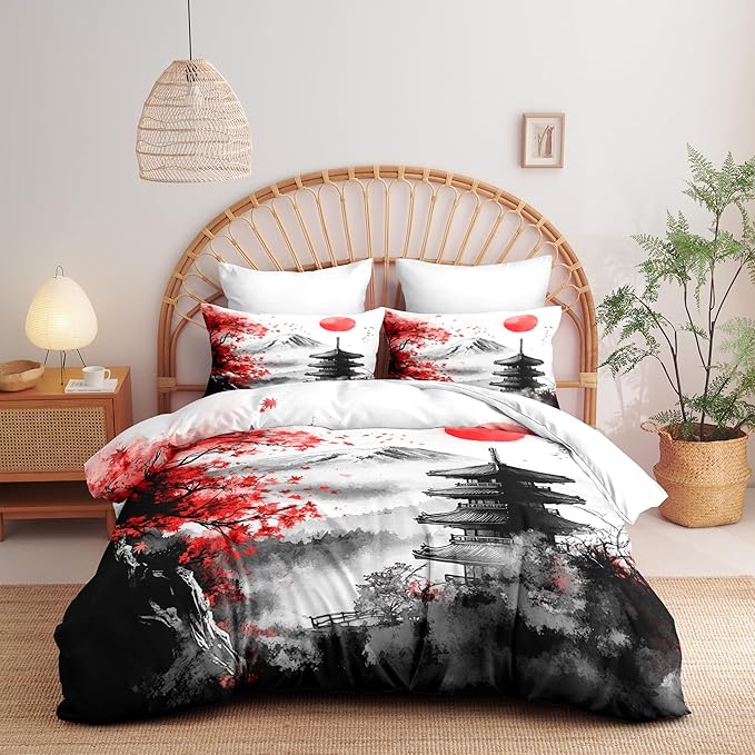 Classical Art Painting Comforter Set Full Size, 3 Pieces Japanese Style Botanical Bedding Sets for Girls, Landscape Maple Leaves Soft Lightweight Down Alternative Comforter(79" X 90")