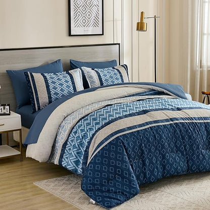 Cottolester Full Comforter Set 7 Pieces Blue Boho Striped Bed in a Bag,Soft Microfiber Complete Bedding Sets