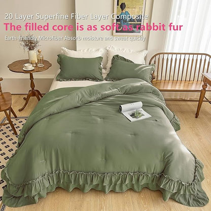 AIKASY Sea Green Comforters Twin Size Set, Vintage Boho Chic Farmhouse Bedding Sets Shabby Ruffle Queen Bed Comforter Bedding 3PCS（1 Comforter and 2 Pillowcases）
