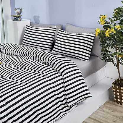 CLOTHKNOW Striped California King Comforter Set Black and White Bedding Comforter Sets All Season Farmhouse Ticking Comforter with 2 x Pillow Cases