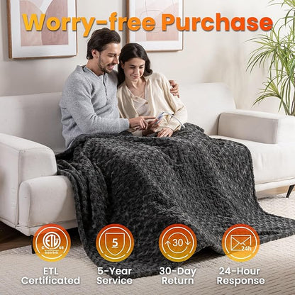 WOOMER Heated Blanket Throw 50" x 60", Electric Blanket with a Control, 4 Heating Levels & 4H Auto Off, ETL Certified, Dark Grey Roses Patterns Faux Fur & Sherpa, Machine Washable