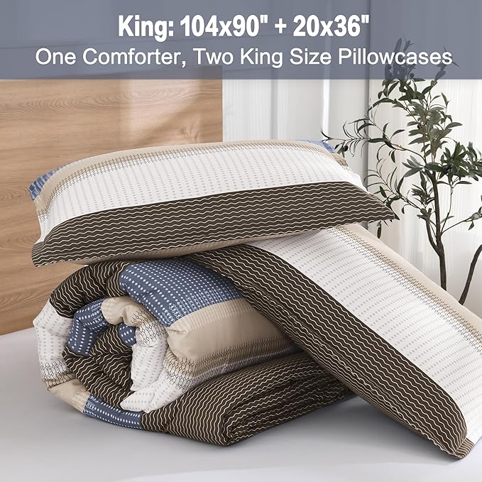 Litanika King Comforter Set Blue Brown - 3 Pieces Lightweight Fluffy Bedding Comforter Sets, All Season Down Alternative Comforter (1 Comforter, 2 Pillowcases)