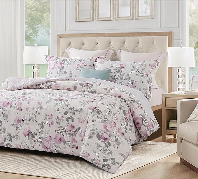SLEEPBELLA Comforter King Size, 600 Thread Count Cotton White Print with Purple Flowers Reversible Comforter Sets, Down Alternative Bedding Set 3Pcs(King, Purple Floral)