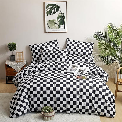 CLOTHKNOW Black White Plaid King Size Comforter Set Grid Bedding Comforter Sets Soft Checkered Comforter Black White Comforter with 2 x Pillow Cases