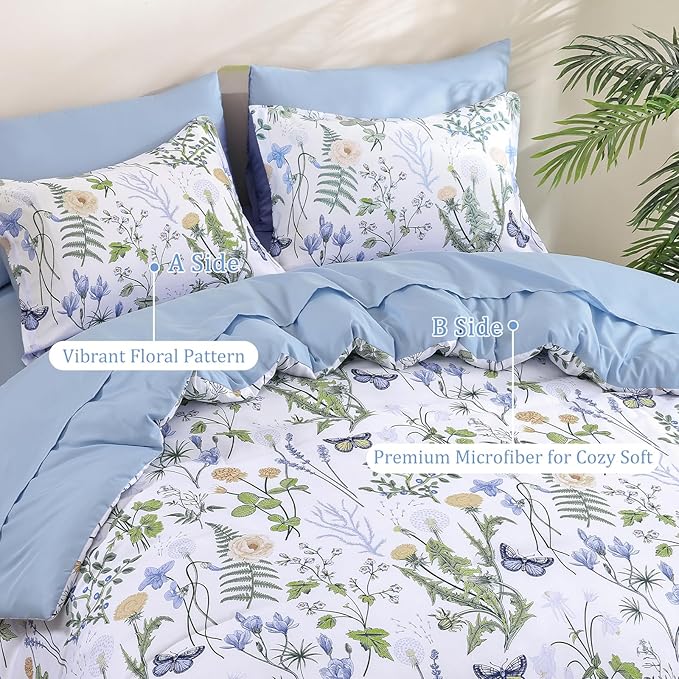 Yiran Queen Comforter Set, 7 Pieces Blue White Floral Soft Bedding Sets, Queen Bed in a Bag with Botanical Flowers All Season Comforter, Sheets, Pillowcases & Shams