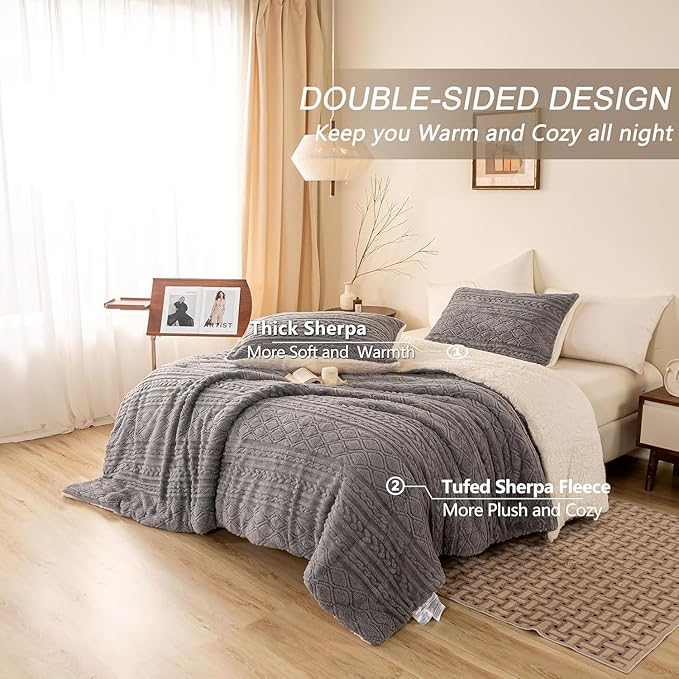 Warm Plush Sherpa Fleece Comforter Twin/Twin XL Set - Ultra-Warm Thickened Boho 3D Jacquard Softness Child Kid Bed Comforter Set Fluffy Surface for Cozy Autumn Winter Christmas Nights Grey