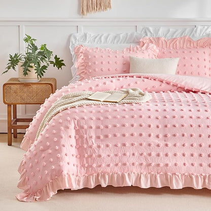 Flysheep Tufted Dots Ruffle Comforter Set Twin Size, 3 Pieces Pink Vintage Farmhouse Shabby Chic Comforters, Jacquard Boho Bohemian Bedding Set for Girls (1 Ruffled Comforter+ 2 Pillow Shams)