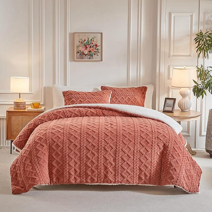 Joyreap 3-Piece Fluffy Faux Fur Sherpa Comforter Set, Twin Size Brownish Red Luxury Tufted Bedding Comforter Set, All Season Soft n Cozy Plush Comforter Bed Set- 68x86 inches