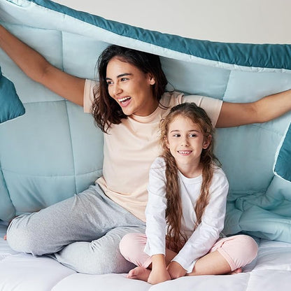 Exclusivo Mezcla Lightweight Reversible Twin Size Comforter Set, Down Alternative Comforter with 1 Pillow Sham, Twin Size Bedding Set for All Seasons, Dusty Teal/Aqua Blue