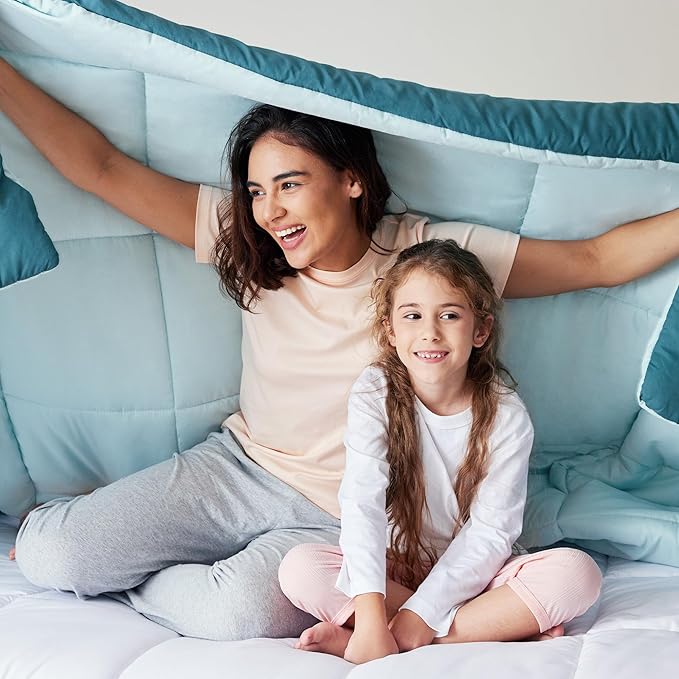 Exclusivo Mezcla Lightweight Reversible Queen Size Comforter Set, Down Alternative Comforter with 2 Pillow Sham, Queen Size Bedding Set for All Seasons, Dusty Teal/Aqua Blue