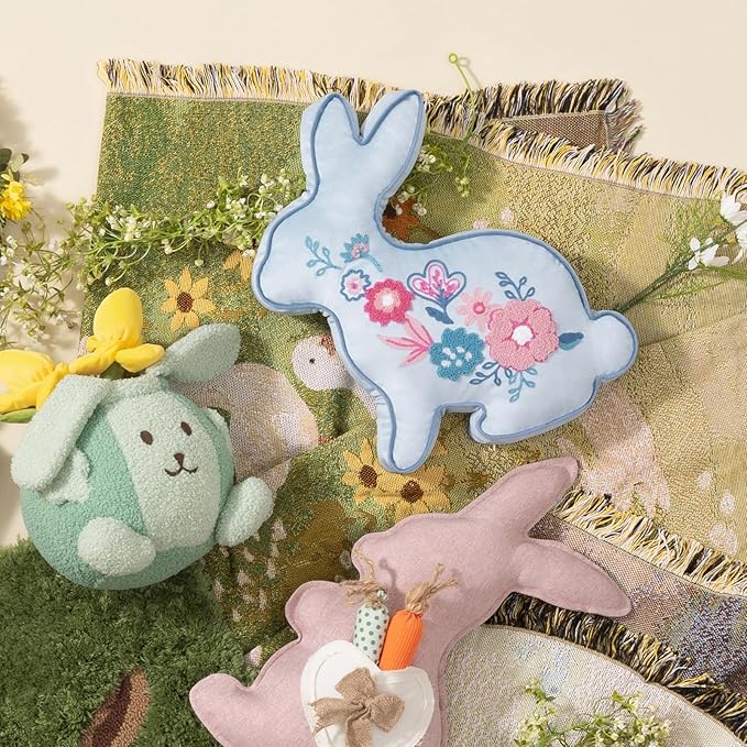Phantoscope Happy Easter Bunny Shaped Throw Pillow, Embroidered Floral Patterns Cushion Soft Velvet Easter Rabbit Decorative Pillow for Couch Living Room Bed, Blue,18.5 x 13 inches