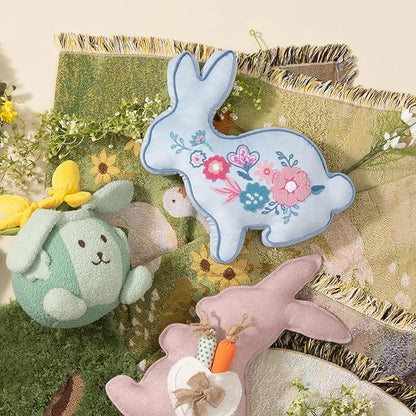Phantoscope Happy Easter Bunny Shaped Throw Pillow, Embroidered Floral Patterns Cushion Soft Velvet Easter Rabbit Decorative Pillow for Couch Living Room Bed, Blue,18.5 x 13 inches