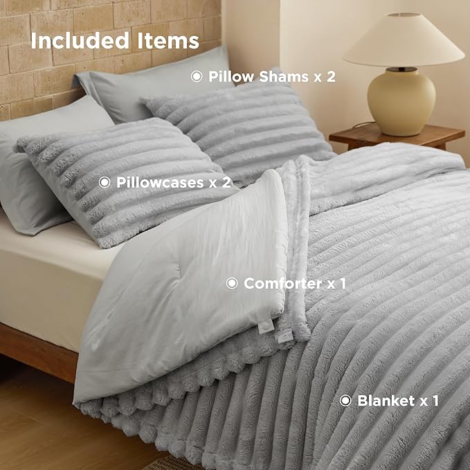 Bedsure Gentlesoft™ 2-in-1 Queen Comforter Set and Detachable Fluffy Blanket, Grey Bedding Set for All Season Use, SnapTech Design for Space Saving (Includes 2 Pillow Shams, 2 Pillowcases)
