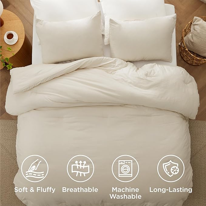 Bedsure Queen Comforter Set, Cream Soft Prewashed Bedding for All Seasons, 3 Pieces GentleSoft™ Bed Set, 1 Lightweight Comforter (90"x90") and 2 Pillowcases (20"x26")