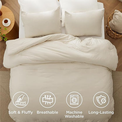 Bedsure Queen Comforter Set, Cream Soft Prewashed Bedding for All Seasons, 3 Pieces GentleSoft™ Bed Set, 1 Lightweight Comforter (90"x90") and 2 Pillowcases (20"x26")