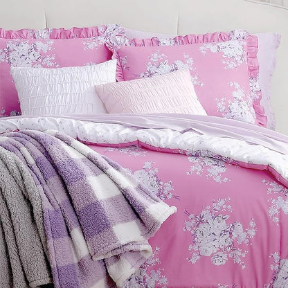 Shabby Chic® - Queen 3-Piece Comforter Set, Reversible Cotton Bedding with Matching Shams, Elegant Floral Home Decor for All Seasons (Brynn Pink, Queen)