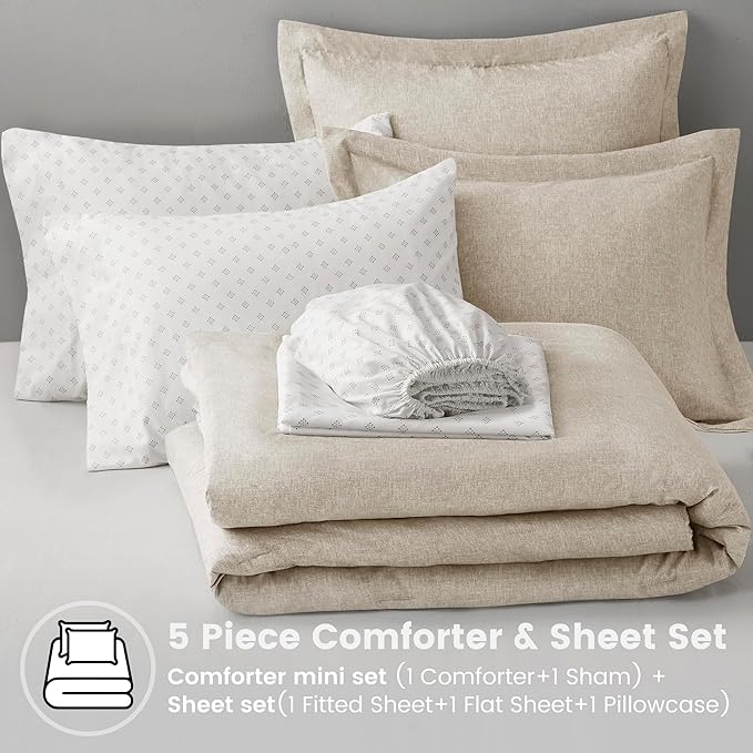 Comfort Spaces Twin XL 5 Pieces Comforter Set, Boho Bed Sets, Farmhouse Bedding Sets with Comforter, Gift Bed in a Bag with Comforter, Sheets, Pillowcases, and Shams, Twin XL, Taupe