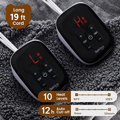 Bearhug Electric Blanket Queen Size 84" x 90", Dual Controllers Grey Heated Blanket, Velvet & Sherpa, 10-Heating Level & 1-12H Auto Off, Over-Heat Protect, ETL, Machine Washable