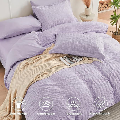 HYMOKEGE Lavender California King Comforter Set Seersucker 7 Pieces, All Season Luxury Bed in a Bag for Bedroom, Bedding Set with Comforters, Sheets, Pillowcases & Shams