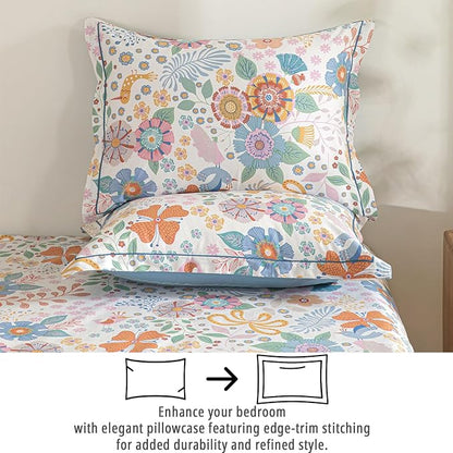 Blue Floral Cotton Comforter Queen Size - Vibrant Artistic Blooms & Boho Geometric Patterns, White & Soft Blue, 3PC Lightweight Bedding Sets with Down Alternative Fill(90"×90")