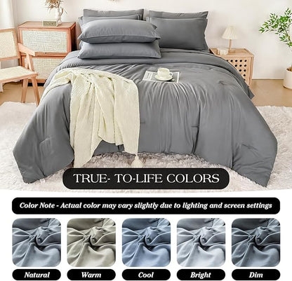 Cal King Comforter Set Double Brushed Microfier Silver Gray - 7-Piece Bed in a Bag, All-Season Soft Bedding with Sheets & Envelope Pillowcases ((104"x90",Cal King)