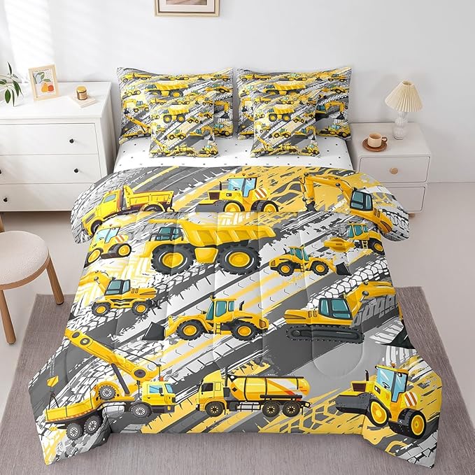 Feelyou Boys Construction Comforter Set Full Size 7 Pcs Kids Construction Site Cars Comforter Bed in a Bag Trucks Excavators Bedding Set Child Tractors Bed Set with Sheets, Pillowcases, Pillow Covers