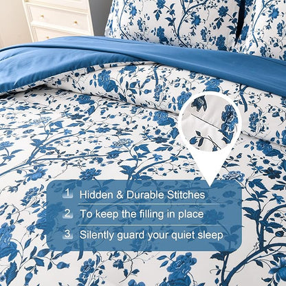 Comforter Set for Queen Bed -7 Pieces Bed in a Bag Soft Microfiber Bed Set Blue Leaves Floral Pattern on White Spring Queen Comforter Sets with Sheets for All Seasons (Queen, Blue)