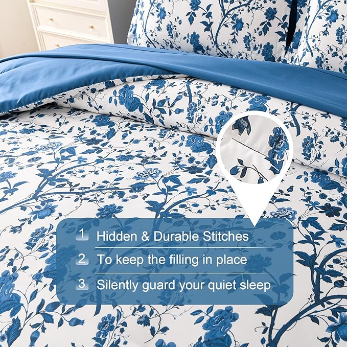 King Size Comforter Set - 7 Pieces Bed in a Bag Soft Microfiber Bedding Comforter Set Leaves Floral Pattern on White Comforter Sets with Sheets for All Seasons (King, Blue)