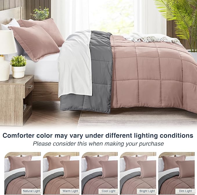 satisomnia Queen Comforter Set, Pink Bedding Comforters Queen Size, 3 Pieces Down Alternative Bed Comforter Lightweight, Soft Quilted Bed Set Breathable, Reversible All Season Bedding Sets Grey