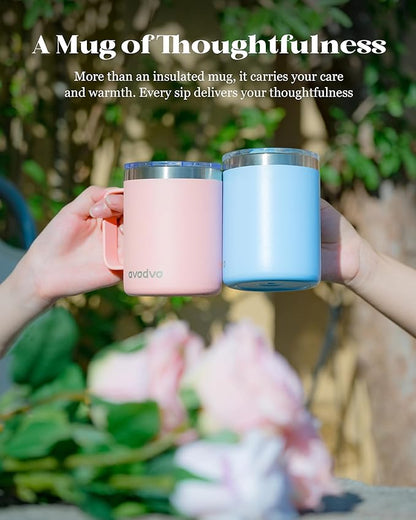12oz Insulated Coffee Mug with Lid – Includes Two Lids, Stainless Steel Coffee Travel Mug with Handle, Double Wall Vacuum Insulated Camping Mug for Home, Office & Outdoor, Light Pink