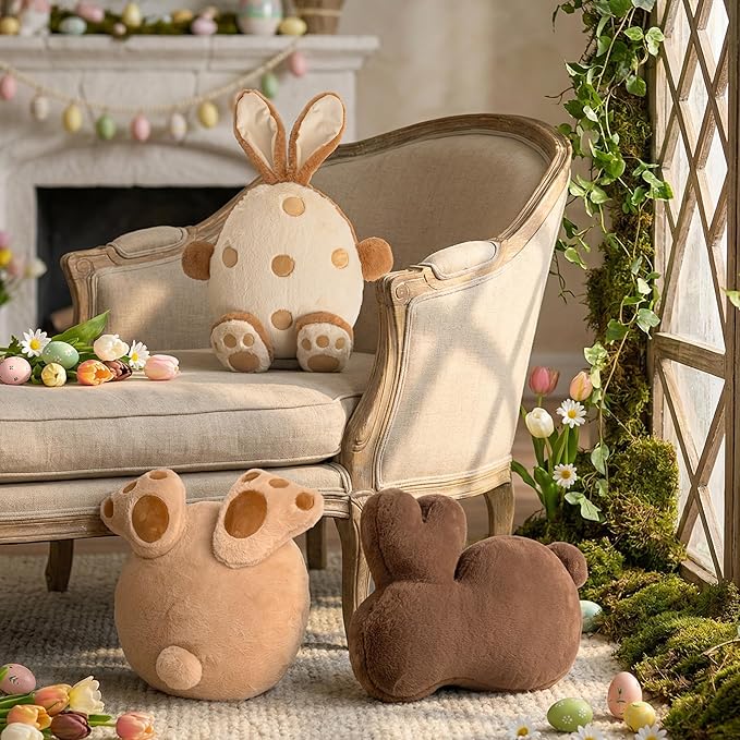 Lanpn Easter Shaped Throw Pillows Set of 3, Light Brown Egg with Feet Dark Brown Bunny Speckled Soft Velvet Egg with Ears and Tail Rabbit Cushions for Sofa Couch Bedroom Spring Decor