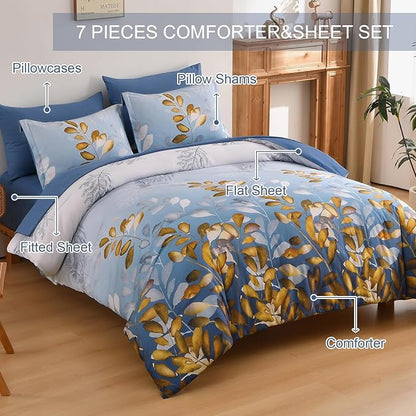 Anibedding 7 Pieces King Size Comforter Set, Blue Gold Botanical Gradient Leaves Ultra Soft Microfiber Down Alternative Bedding Set with Sheets and Pillowcase for All Season