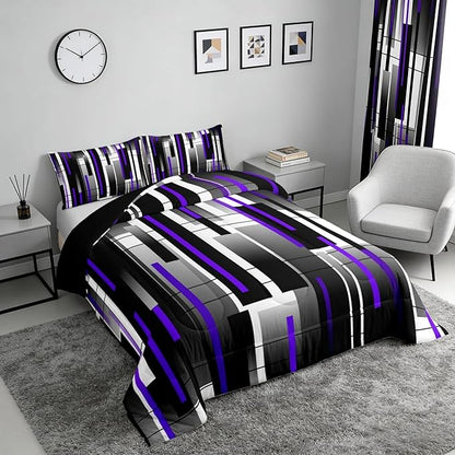 Castle Fairy Teens Black Purple Abstract Comforter Set Queen Size,Modern Bedding Set for Kids Boys Girls Bedroom Decoration,Stripes Art Bed Duvet Insert,Square Grid Comforter with 2 Pillowcases