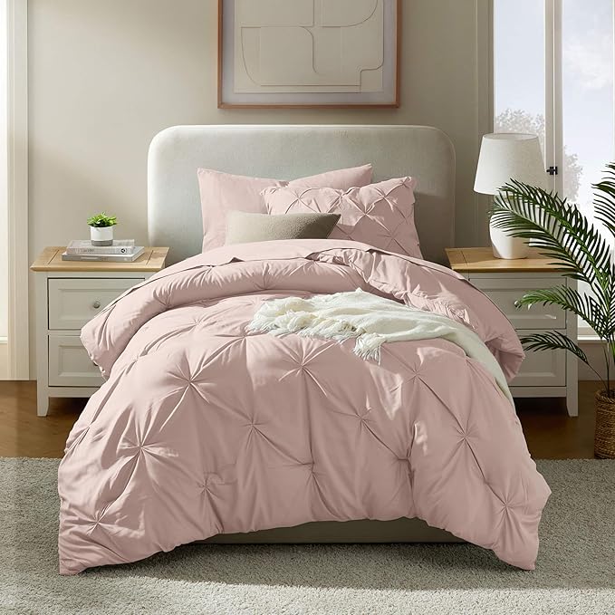 Nestl Twin Comforter Set 5 Piece, Pintuck Twin Bedding Set Blush Pink, College Dorm Room Essentials for Girls and Boys Bed in a Bag Twin All Season, Twin Comforter Set with Sheets, Pillowcase and Sham