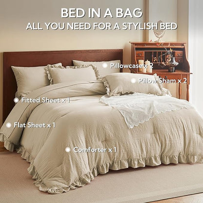MR&HM California King Comforter Set Linen, Comforter Set 7 Pieces for Girls Women, Shabby Chic Vintage Cottagecore Bed Sets Elegance Boho Bed in a Bag, Ultra-Soft & Fluffy Comforter for All Season