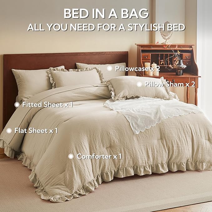 MR&HM Linen Comforter Set Full Size for Girls Women 7 Pieces, Shabby Chic Vintage Cottagecore Bed Sets Elegance Boho Bed in a Bag, Ultra-Soft & Fluffy Comforter for All Season
