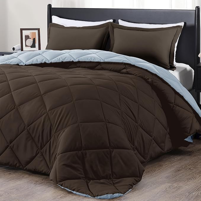 downluxe Queen Comforter Set - Brown and Blue Queen Comforter, Soft Bedding Sets for All Seasons -3 Pieces - 1 Comforter (88"x92") and 2 Pillow Shams(20"x26")