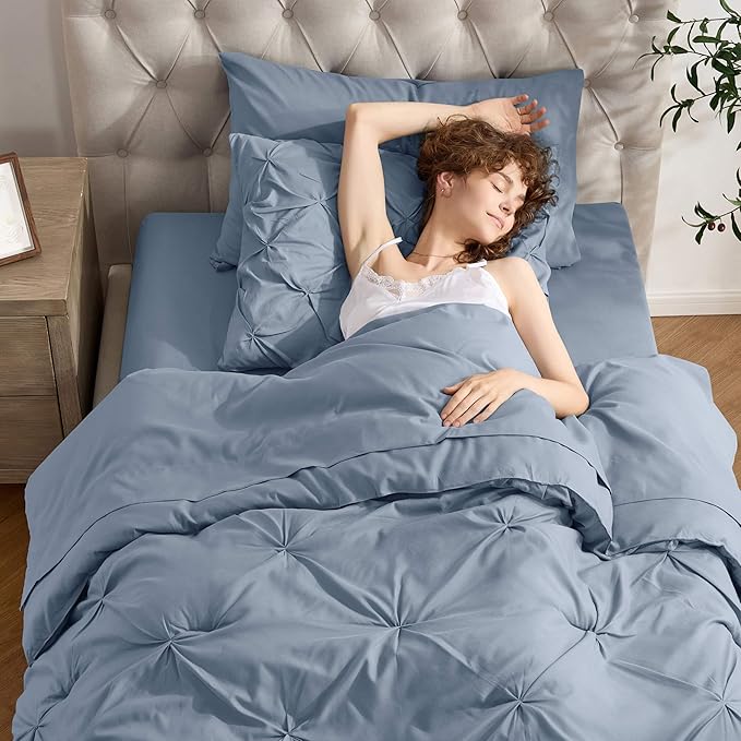 Nestl Twin XL Comforter Set 5 Piece - Pintuck Twin XL Bedding Set Stone Blue, College Dorm Room Essentials Bed in a Bag, Twin XL Comforter Set for College Girls & Boys with Sheets, Pillowcase and Sham