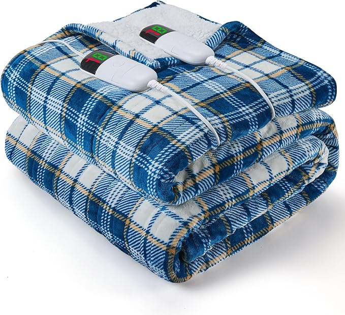 Heated Electric Blanket Queen Size, 84X90 Heating Blanket Queen with Dual Control&10 Heats Levels&Timer for Bed,Blue Plaid Sherpa Soft Blankets Warmer Gift for Grandma Women Adults, Washable