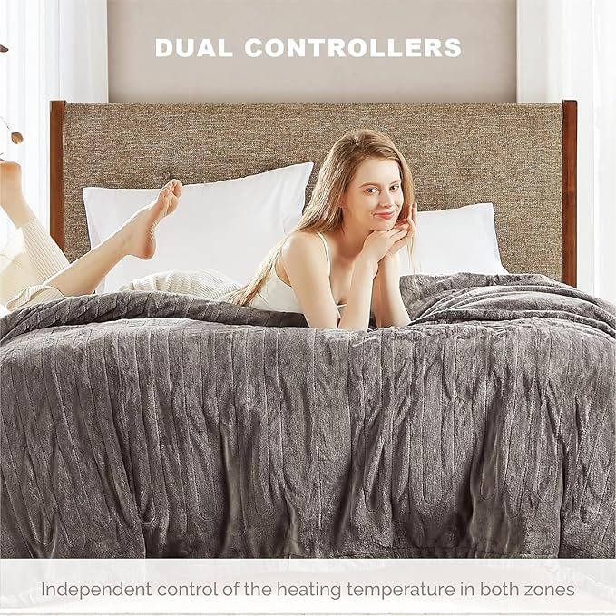 Degrees of Comfort King Electric Blanket with Dual Controls, Large Fleece Heated Blanket for Bed, Auto Shut Off, Machine Washable -Grey, 100Wx90L